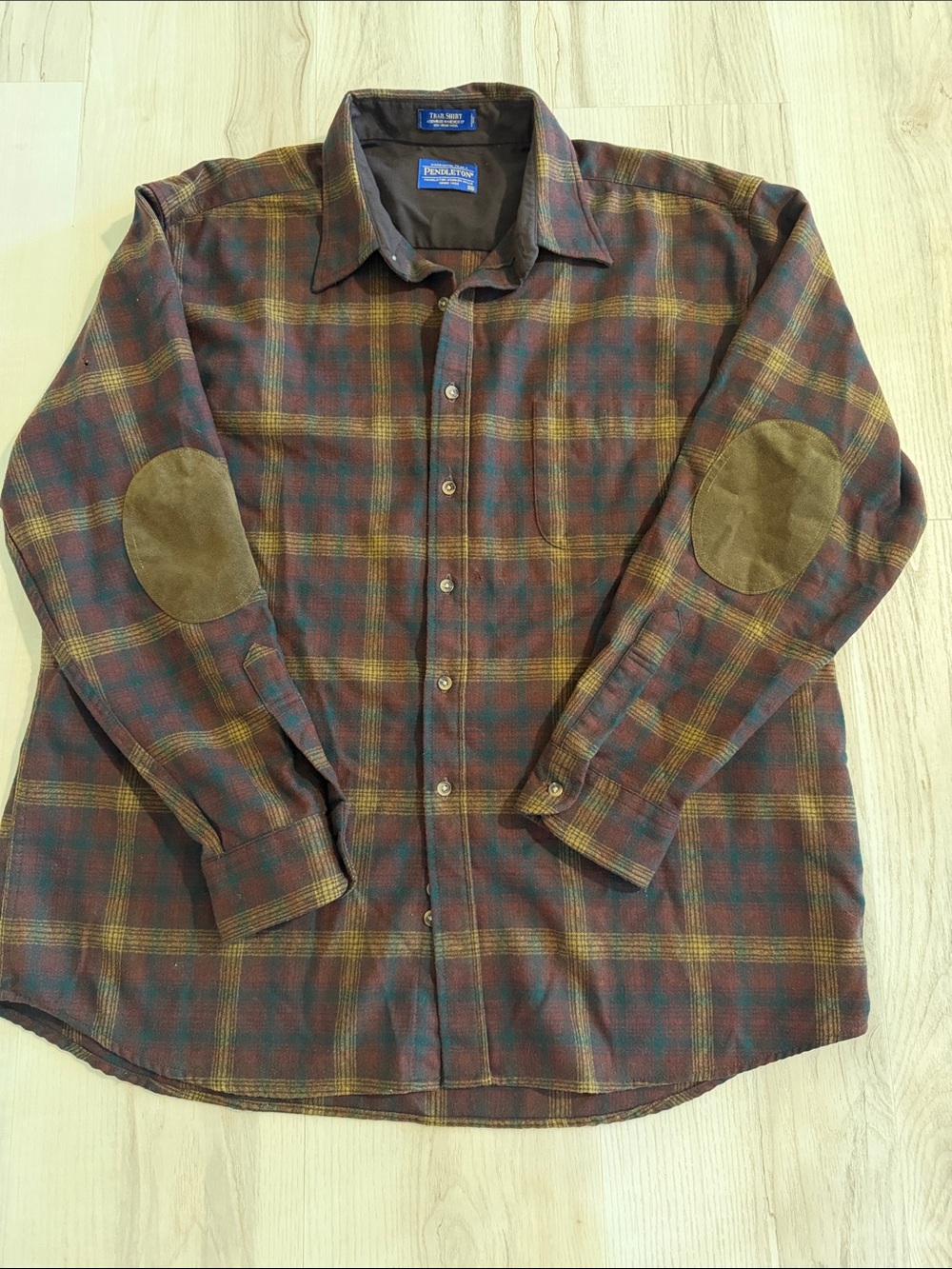 Pendleton Burgundy Green Plaid Button-Down Shirt with Tan Elbow Patches B4